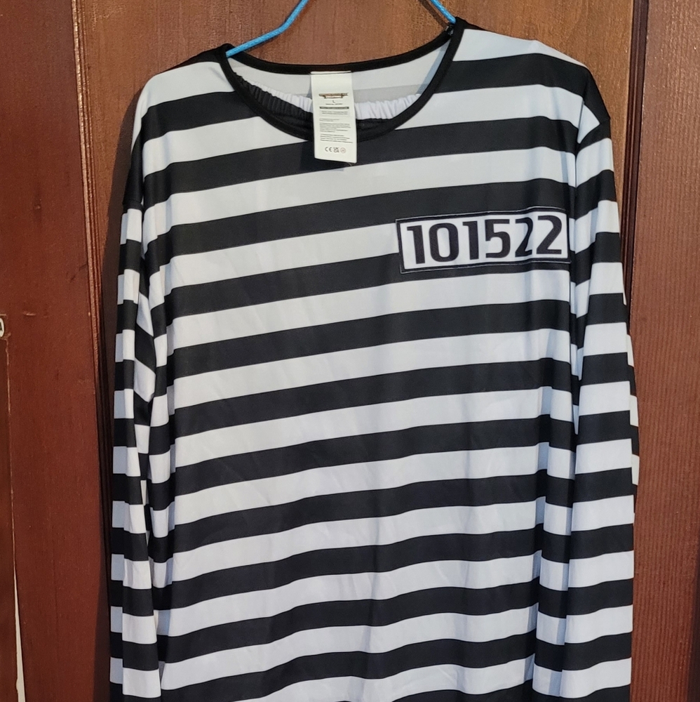 Halloween Inmate Costume Black and White Striped Long Sleeve Shirt Soze Large